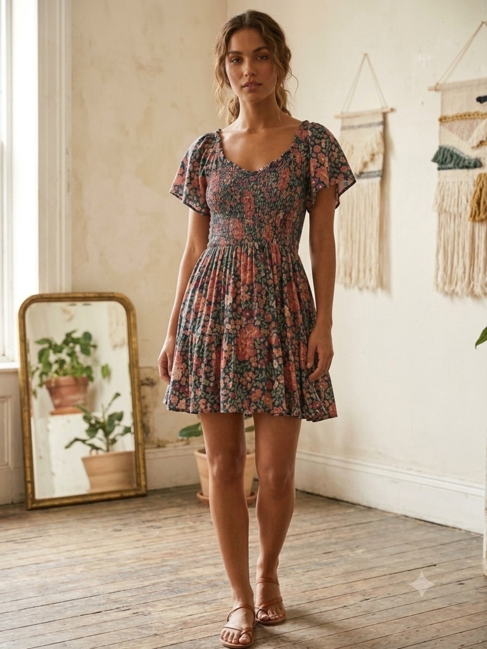 Angie Floral Smocked Mini Dress in Coral and Navy